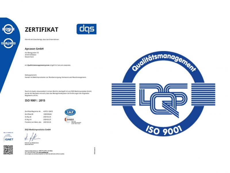 Siegel und Zertifikat der ISO 9001 Zertifizierung der apraxon Gruppe